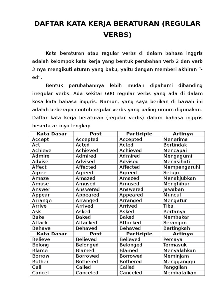 Daftar Kata Kerja Beraturan Tidak Beraturan