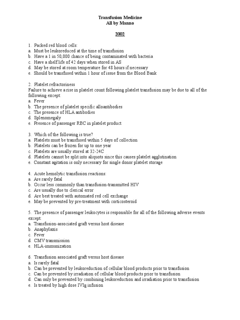 Transfusion Medicine Questions | PDF | Blood Type | Blood Transfusion