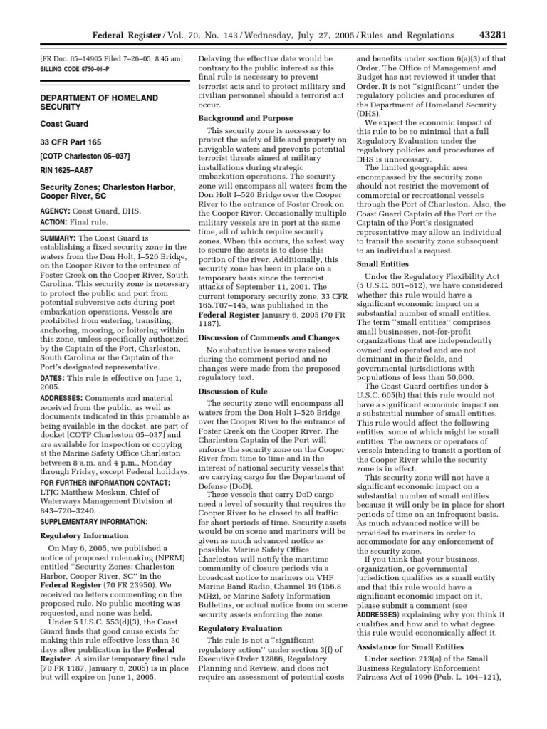 Rule Ports and Waterways Safety Regulated Navigation Areas, Safety