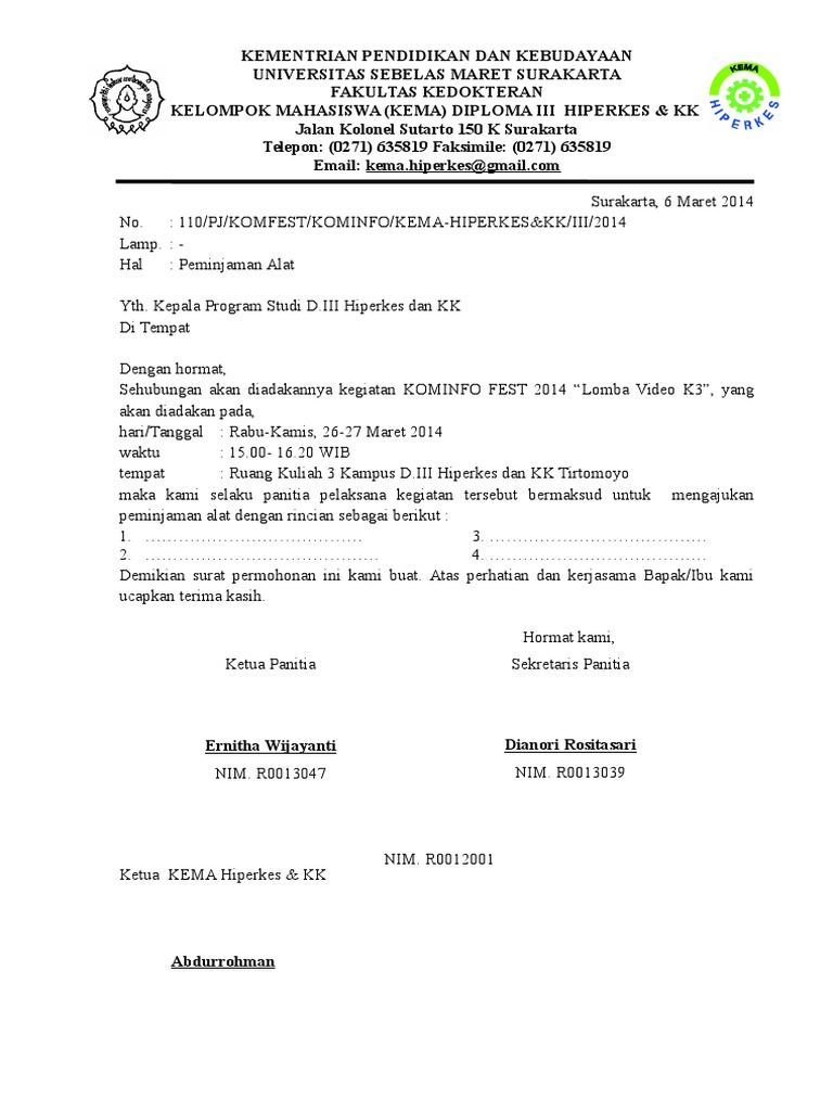 Contoh Surat Permohonan Pinjam Alat