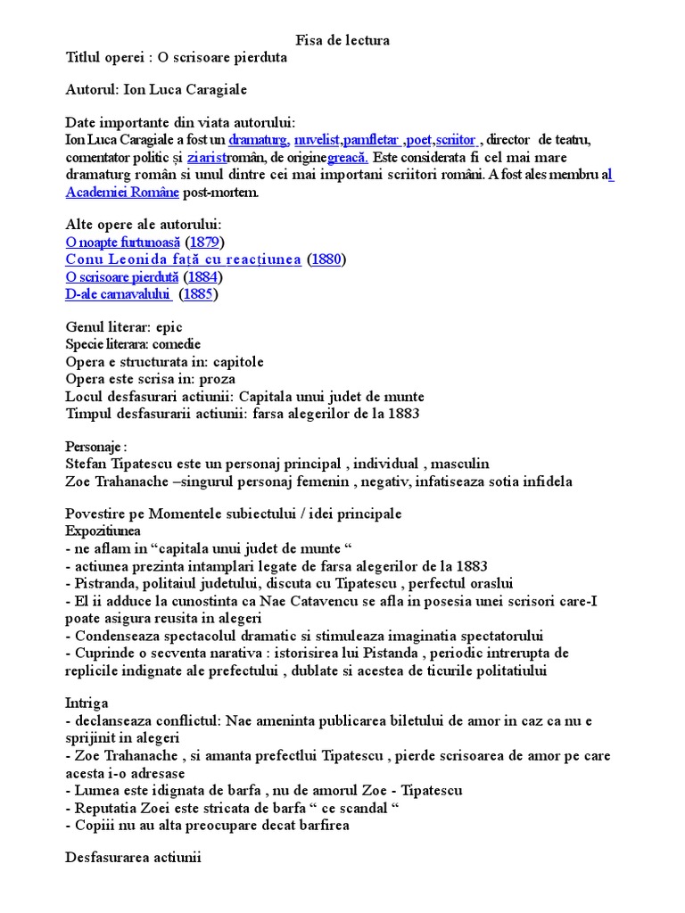Fisa De Lectura O Scrisoare Pierduta