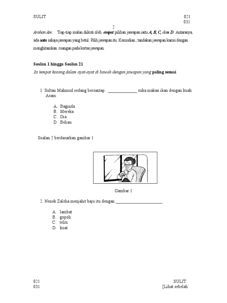 Soalan Bm Bahasa Melayu Pemahaman Tahun 5 Pdf