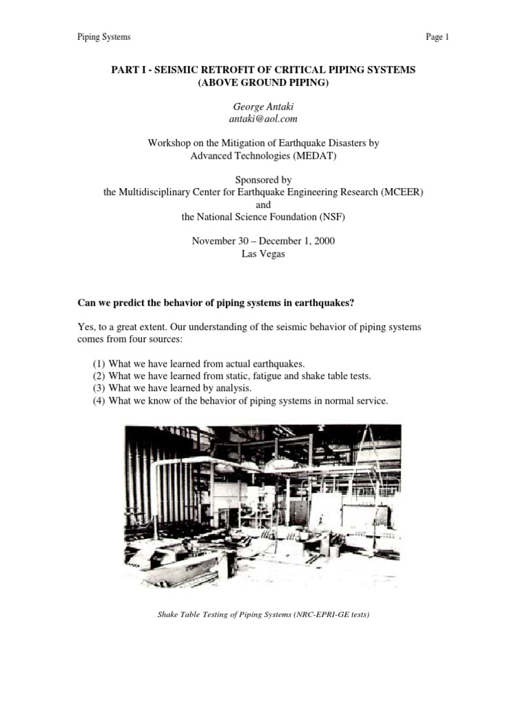 Part I - Seismic Retrofit of Critical Piping Systems | PDF
