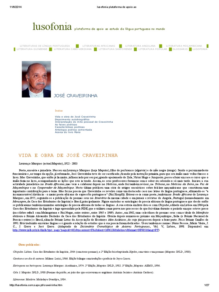José Craveirinha (Vida e Obra) PDF Moçambique África