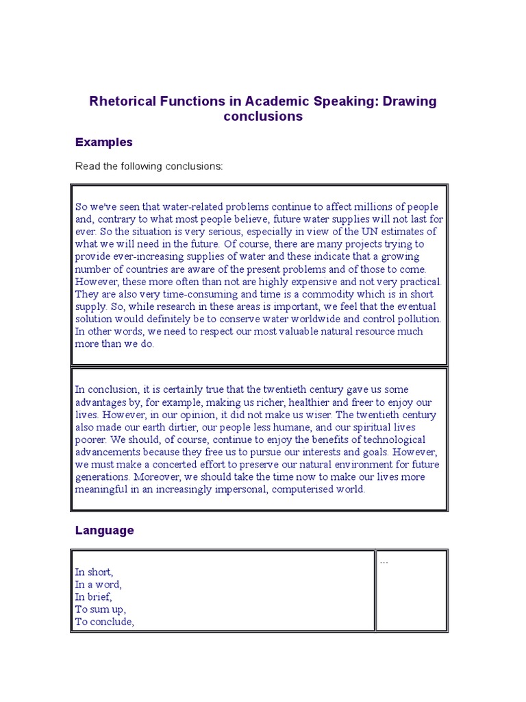 Rhetorical Functions in Academic Speaking: Drawing Conclusions | PDF