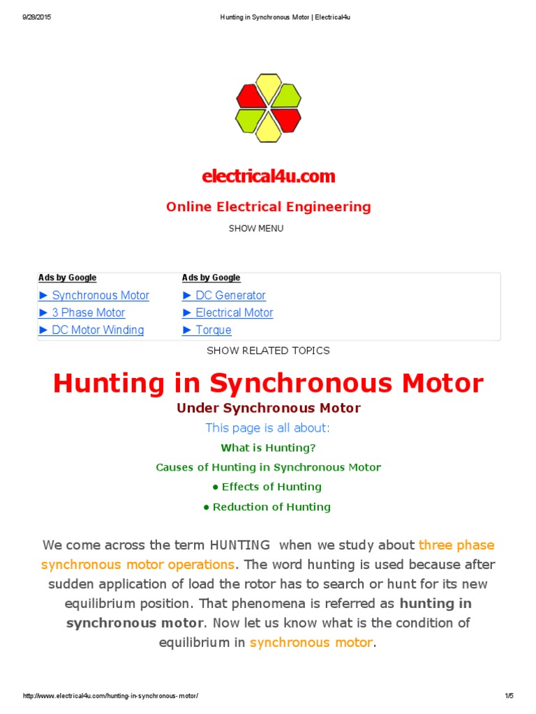 Hunting in Synchronous Motor Electrical4u PDF PDF Mechanics