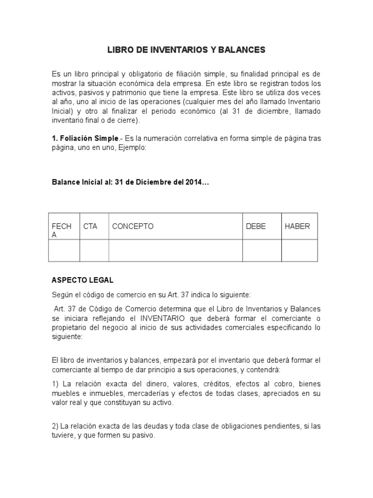 Estructura del Libro de Inventarios | PDF | Contabilidad | Hoja de balance