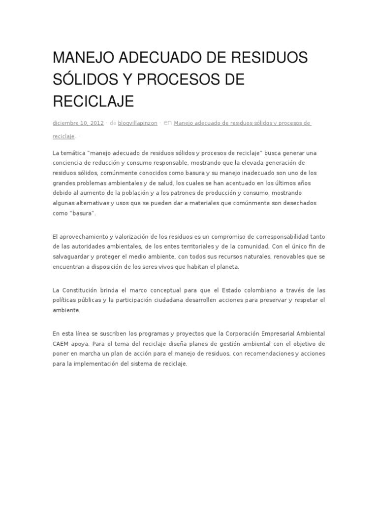 Manejo Adecuado de Residuos Sólidos y Procesos de Reciclaje | PDF ...