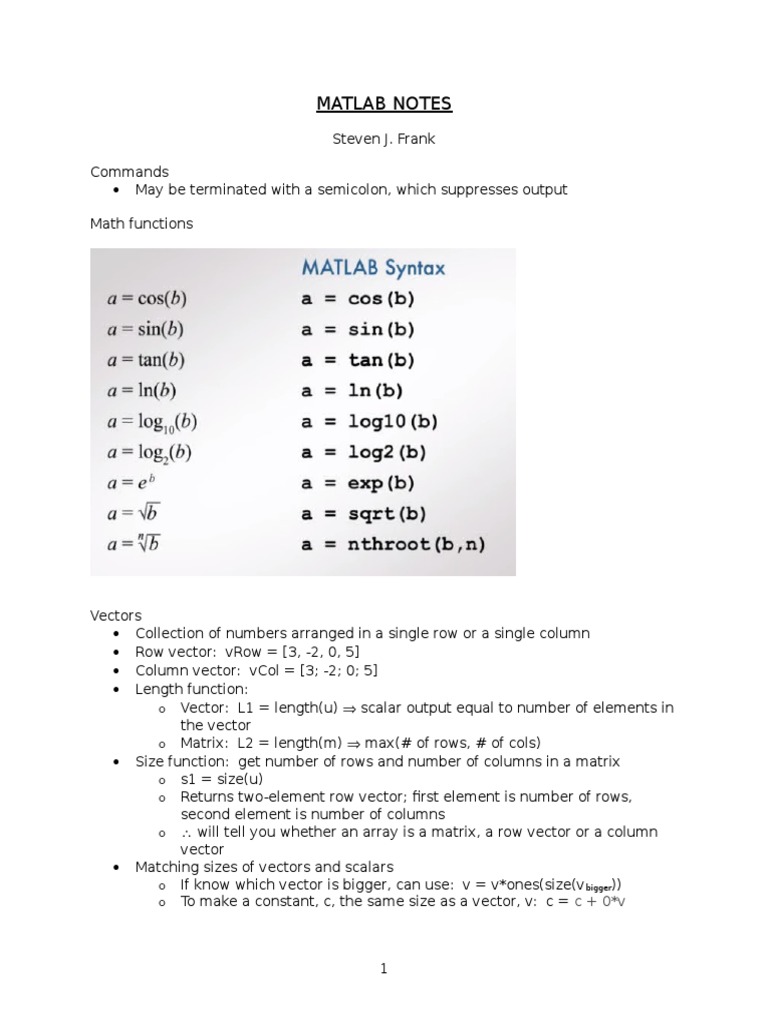 Notes On MATLAB | PDF | Matrix (Mathematics) | Mathematical Objects