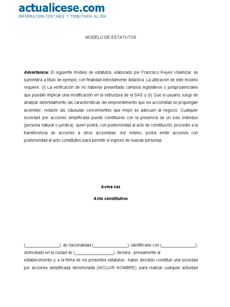 Modelo de estatutos s a s actualícese