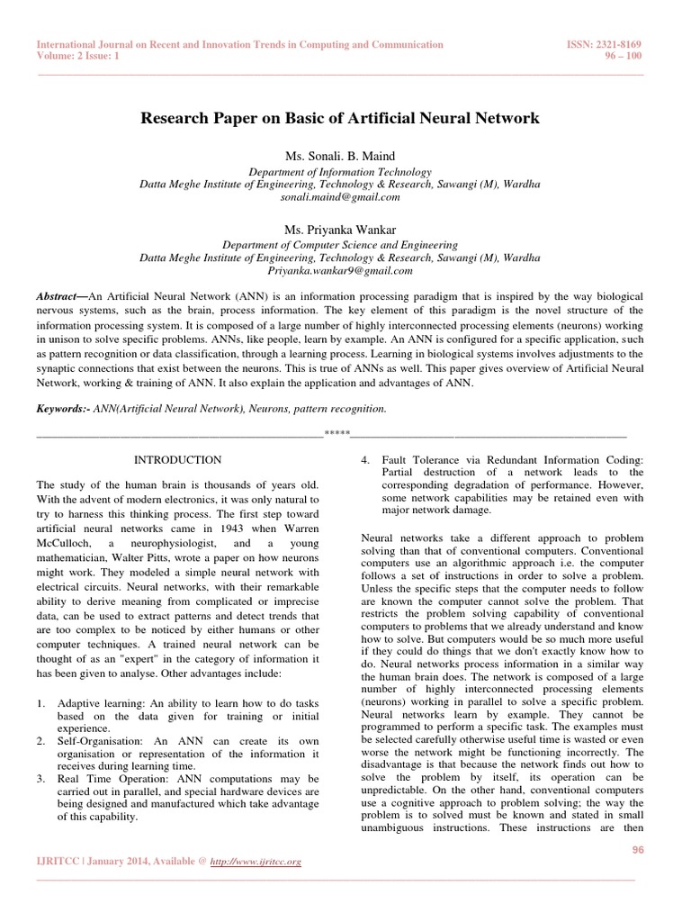 Research Paper On Basic of Artificial Neural Network PDF Artificial