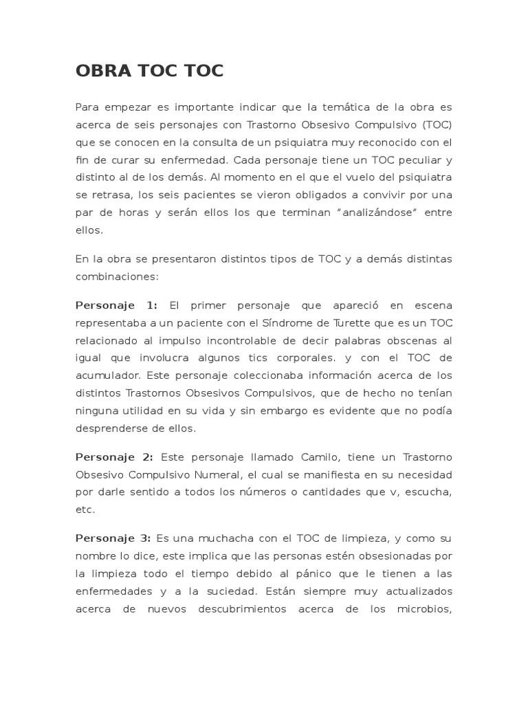 Análisis de la obra "Toc Toc" y TOC | PDF | Desorden obsesivo ...