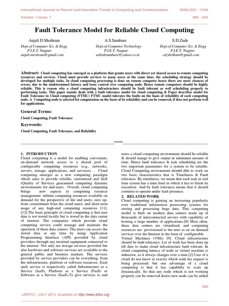 Fault Tolerance Model For Reliable Cloud Computing | PDF | Cloud ...