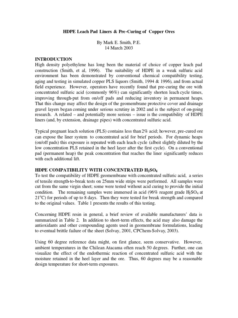 HDPE Leach Pad Liners and PreCuring of Copper Ores Download Free PDF