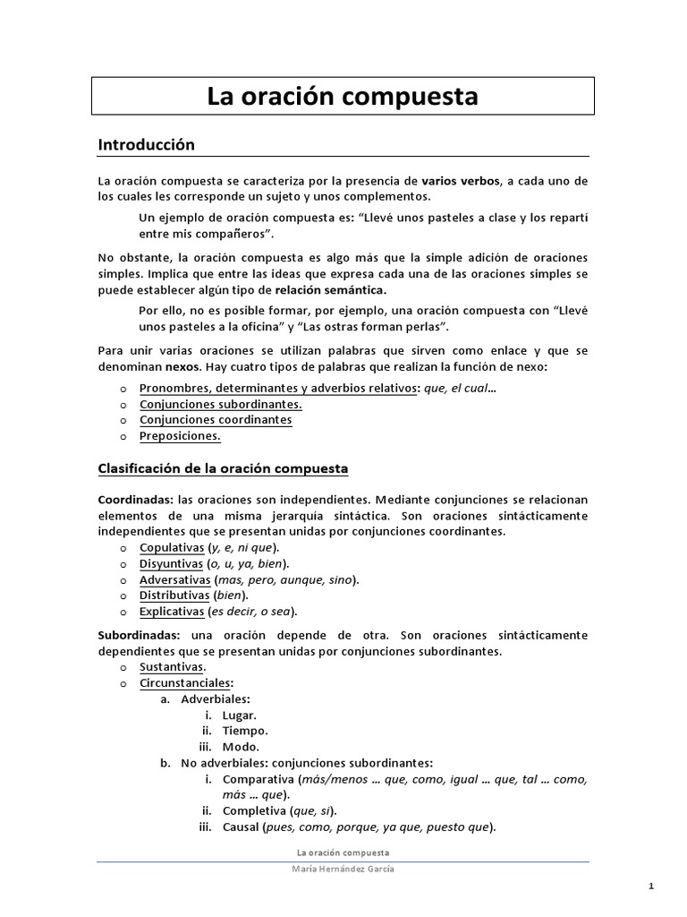 La Oración Compuesta | PDF | Oración (Lingüística) | Verbo