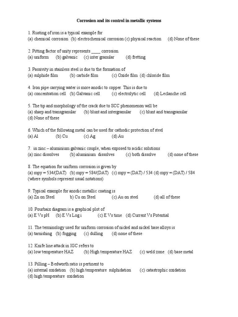 Corrosion MCQs for Grade 9 Chemistry | PDF | Corrosion | Electrochemistry
