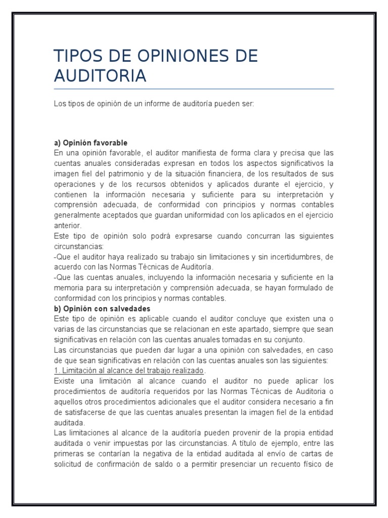 Tipos de Opiniones de Auditoria Contralor Auditoría