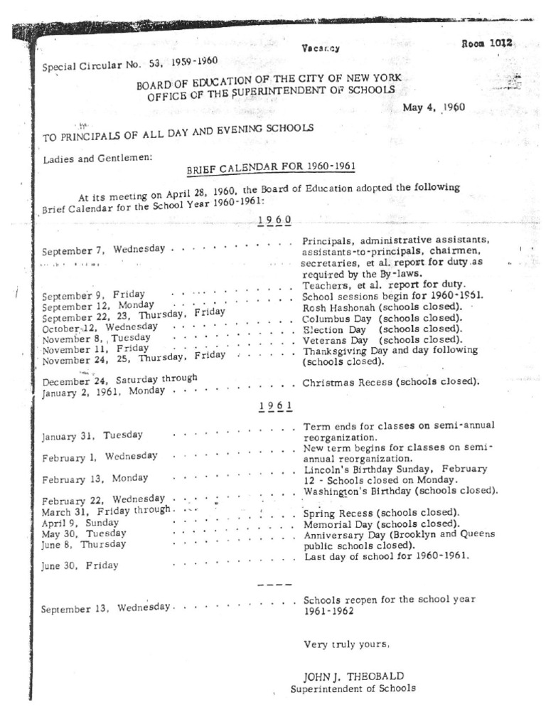 1960-1961 School Year Calendar | PDF