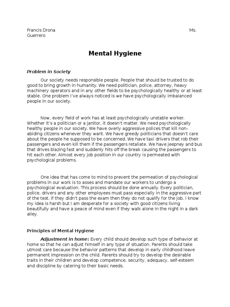 Mental Hygiene Francis Drona | PDF | Mental Health | Mental Disorder