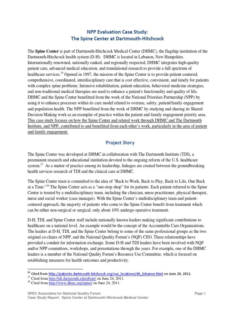 NPP Evaluation Case Study Report The Spine Center at Dartmouth