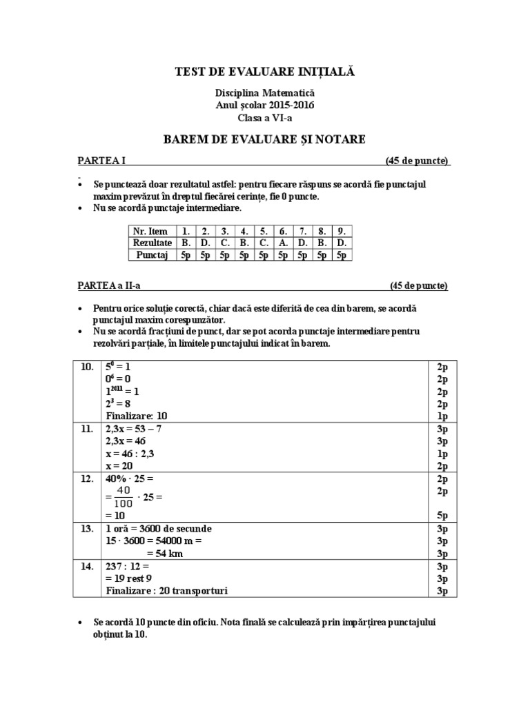 Test de Evaluare Iniţială Vi - Barem | PDF