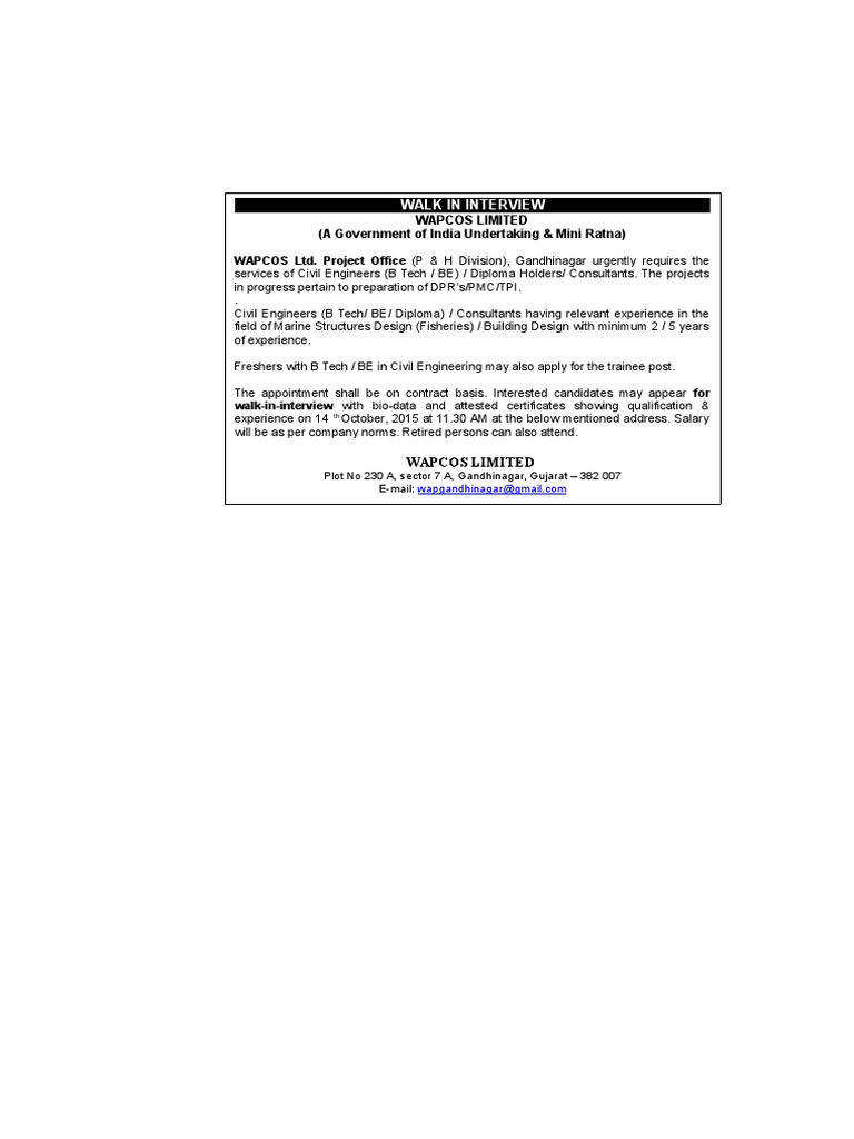 WAPCOS Walk-In Interview for Engineers | PDF
