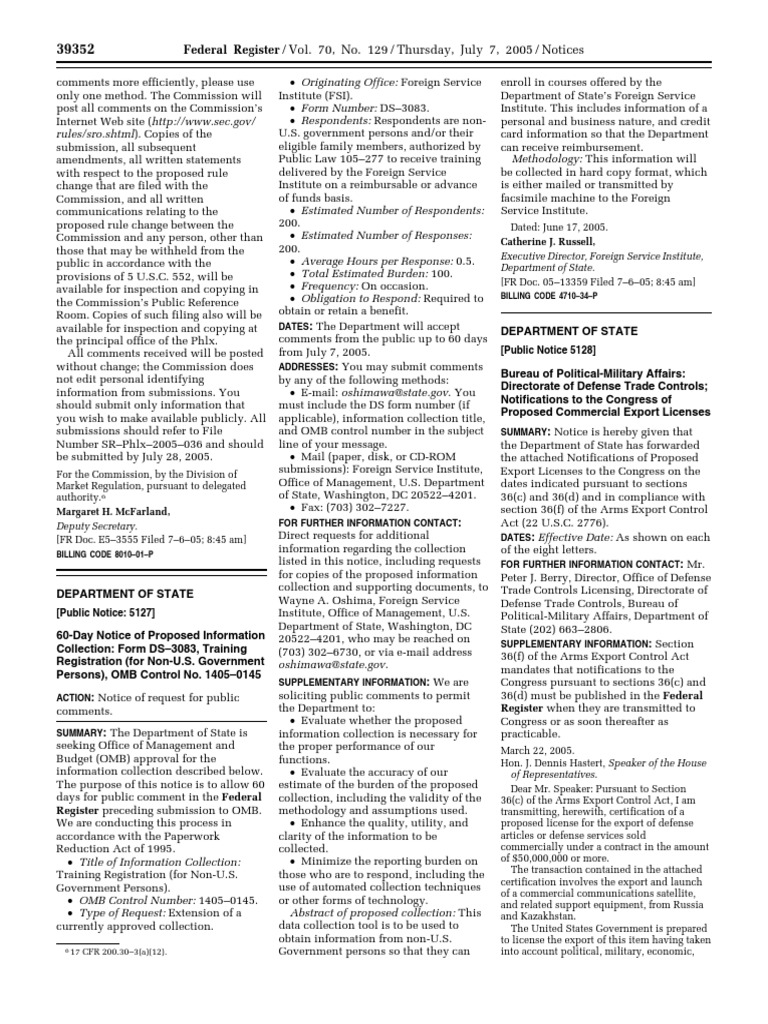 Notice Arms Export Control Act Commercial Export Licenses