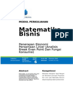 Matematika Bisnis: Penerapan Ekonomi Persamaan Linier (Analisis Break Even Point Dan Fungsi Konsumsi)