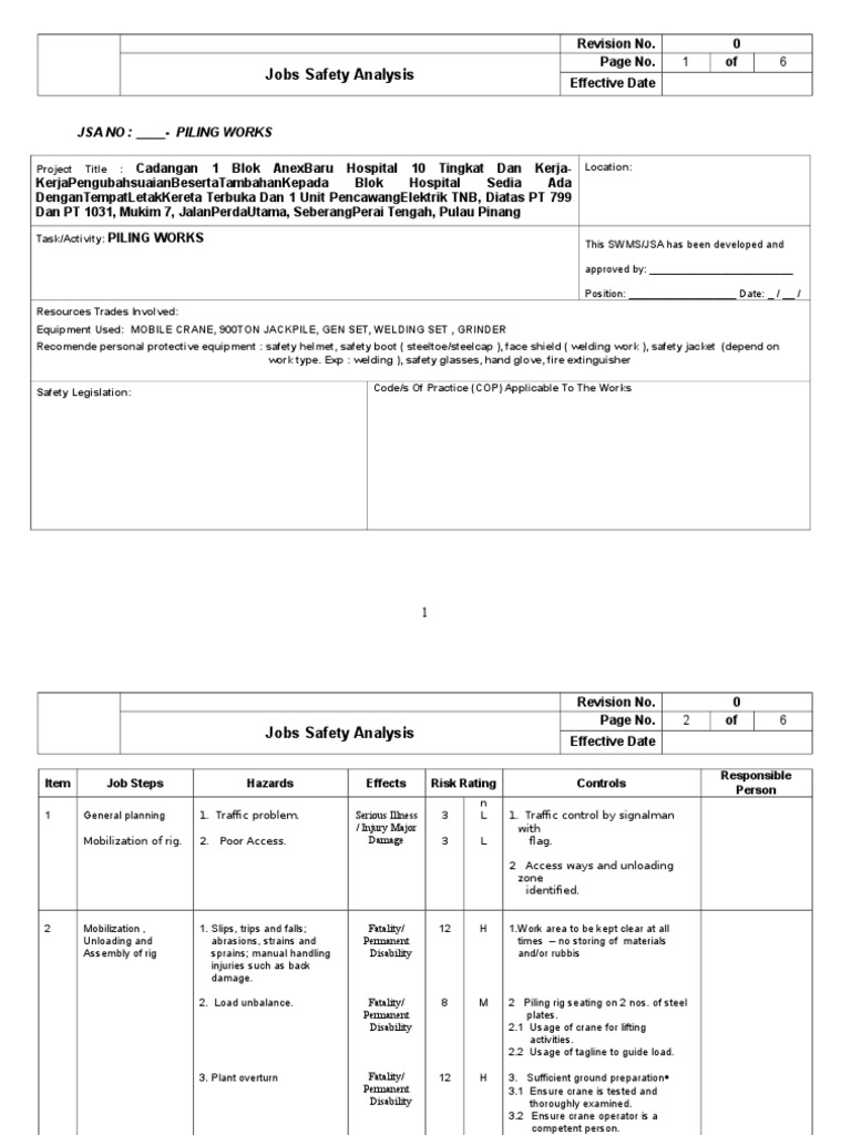 JSA Piling Work PDF Personal Protective Equipment Welding