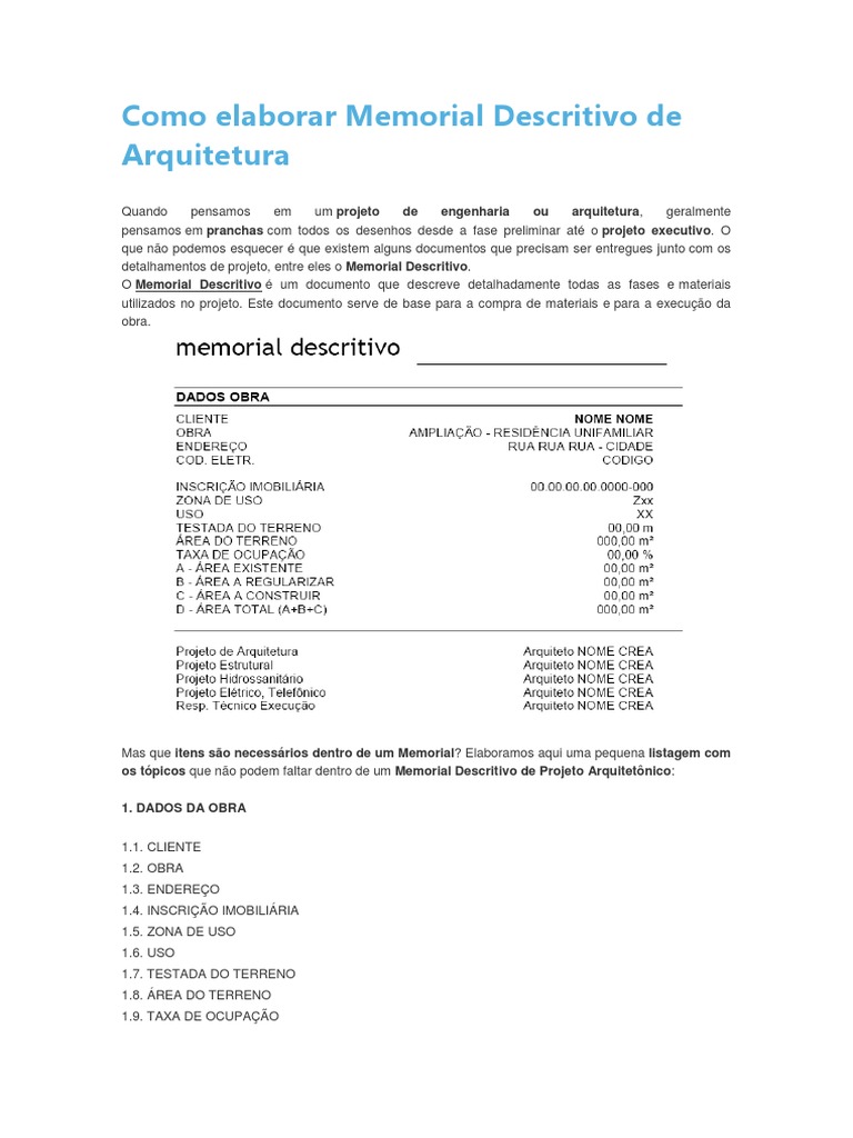 Elaboração de Memorial Descritivo de Arquitetura | PDF | Esboço | Pinturas