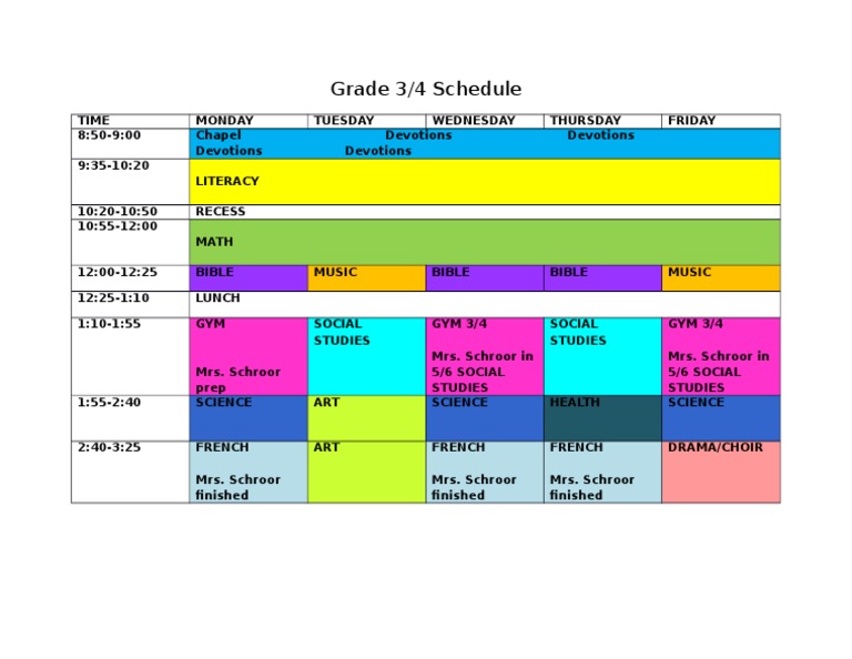 Grade 3/4 Weekly Class Schedule | PDF | Language Arts & Discipline