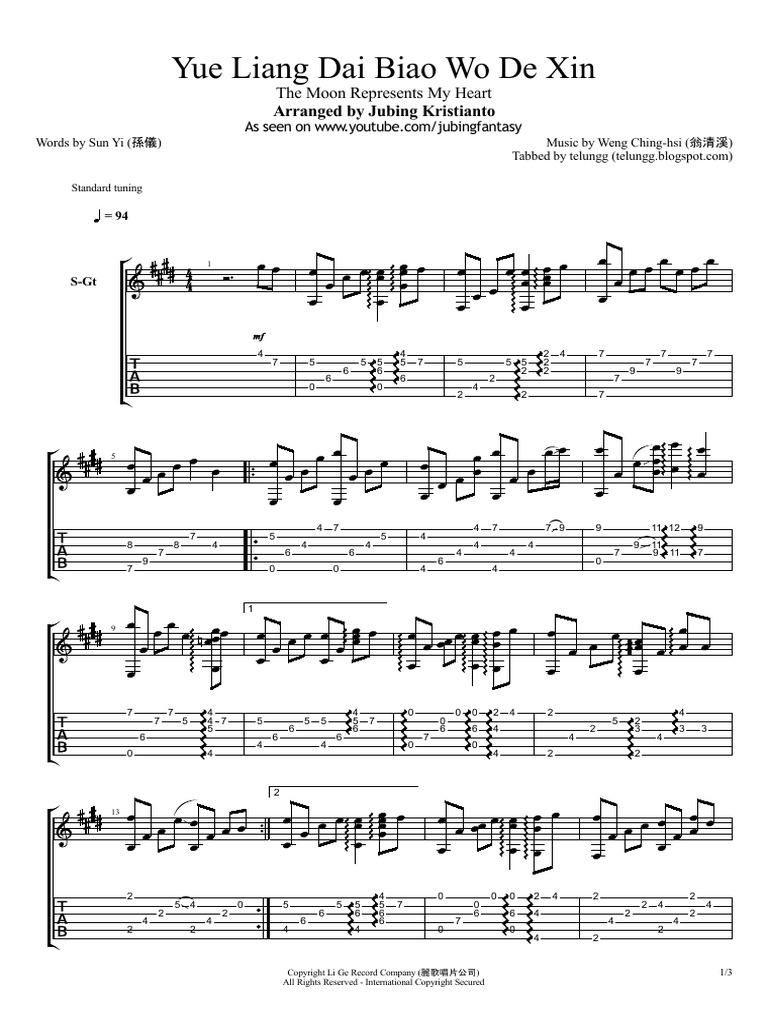 Yue Liang Dai Biao Wo de Xin Fingerstyle Tab