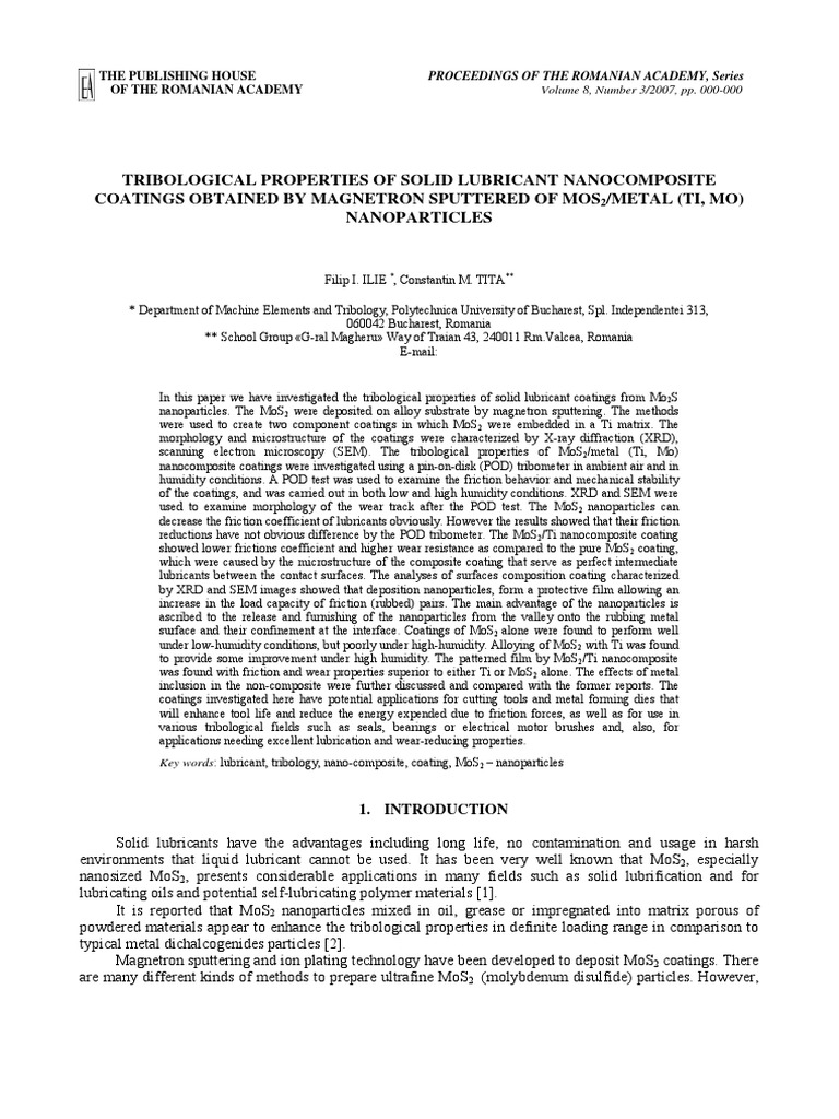 Tribological Properties of MoS2 Coatings | PDF | Nanocomposite | Lubricant