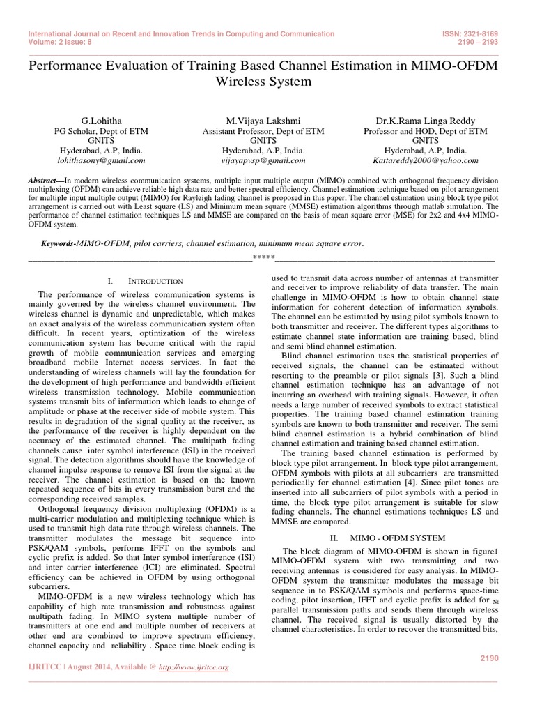 Performance Evaluation of Training Based Channel Estimation in MIMO ...