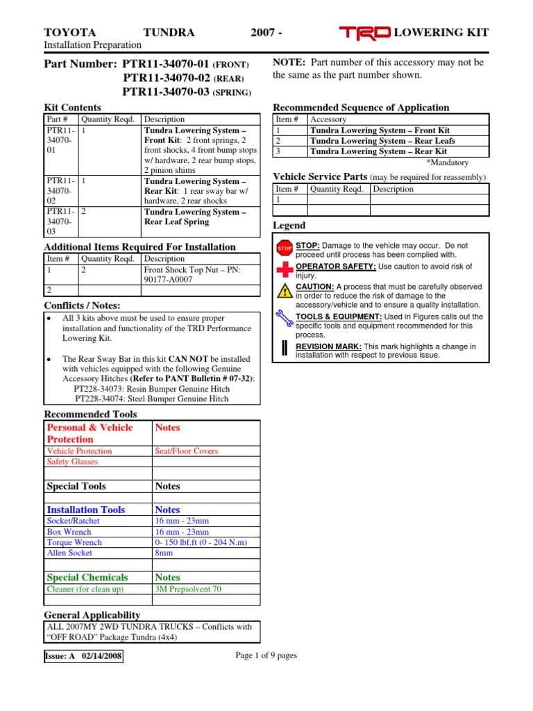 Toyota Tundra TRD Lowering Kit Installation Instructions PDF Suspension (Vehicle) Nut