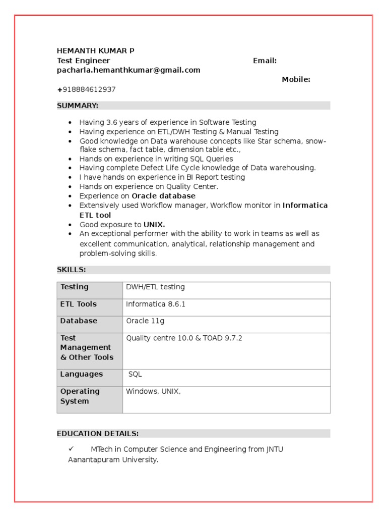 ETL Testing CV  Software Testing  Money Laundering