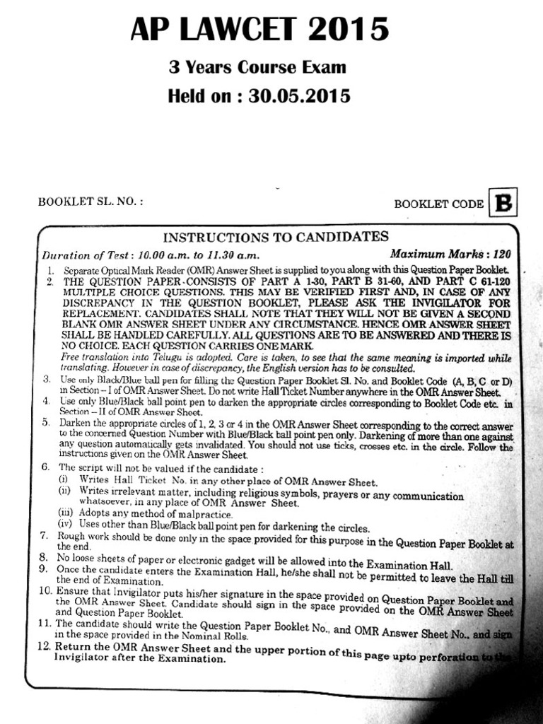 AP LAWCET 3 Years LLB 2015 Question Paper & Key pdf