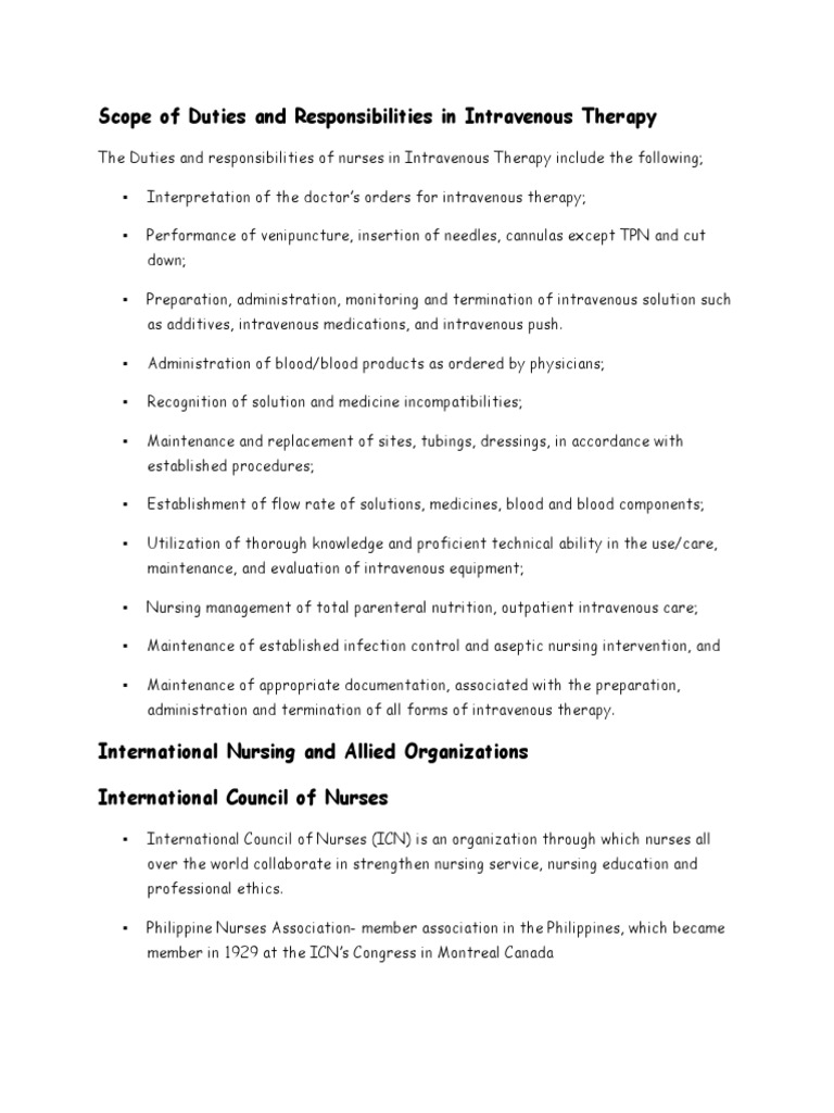 Scope of Duties and Responsibilities in Intravenous Therapy