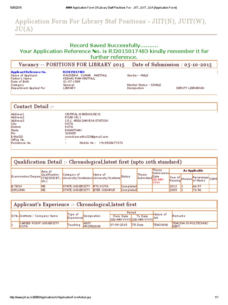JIIT Library Staff Application Form | PDF