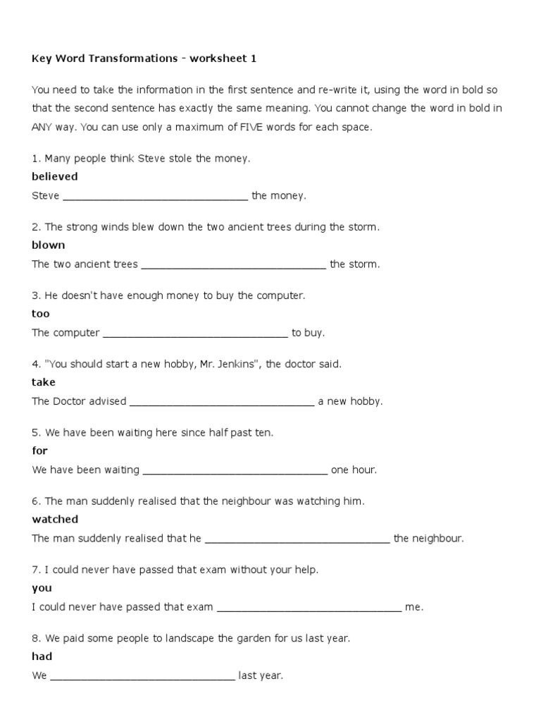 Key Word Transformation Exercises | PDF