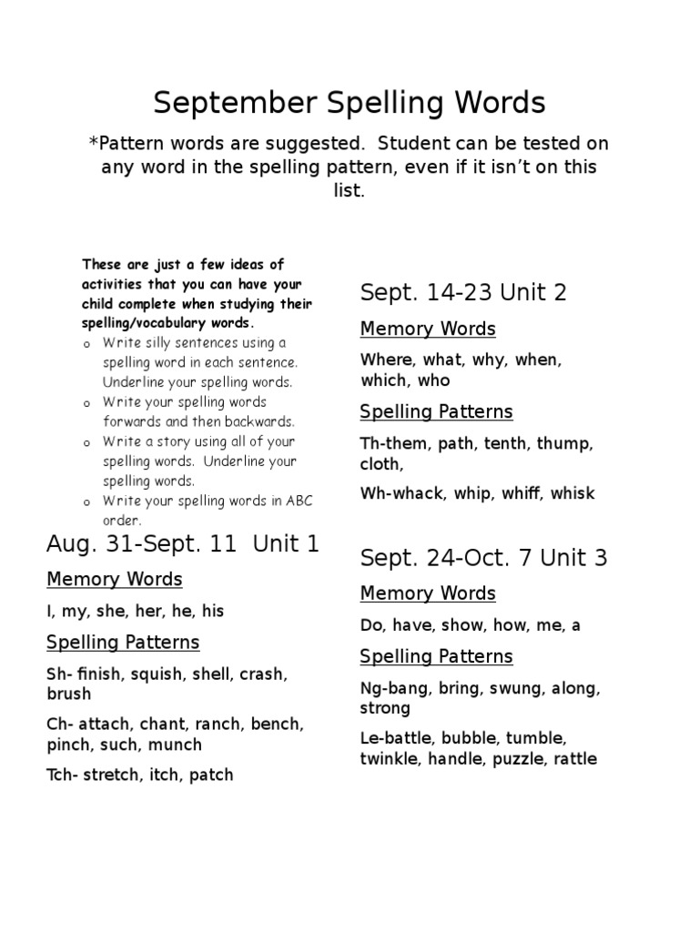 September Spelling Words Guide | PDF | Foreign Language Studies