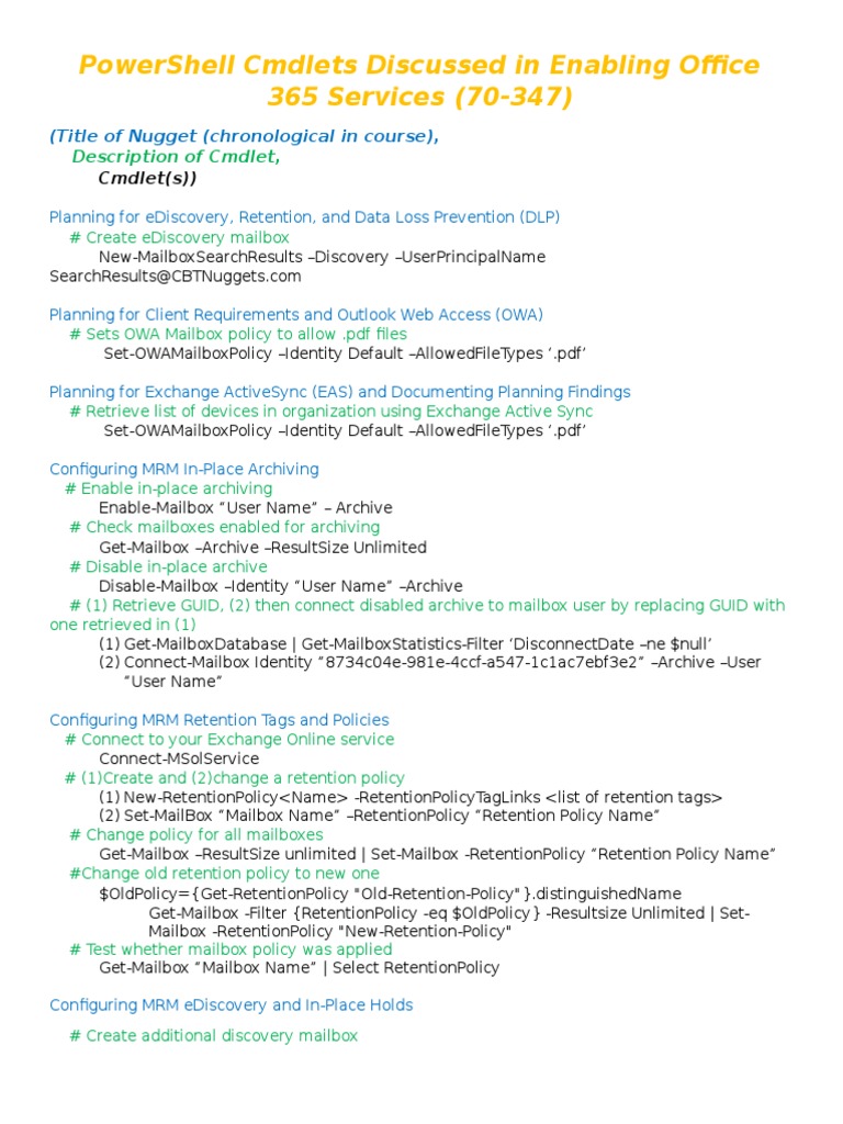 PowerShell Cmdlets for Office 365 Management | PDF | Share Point | Email