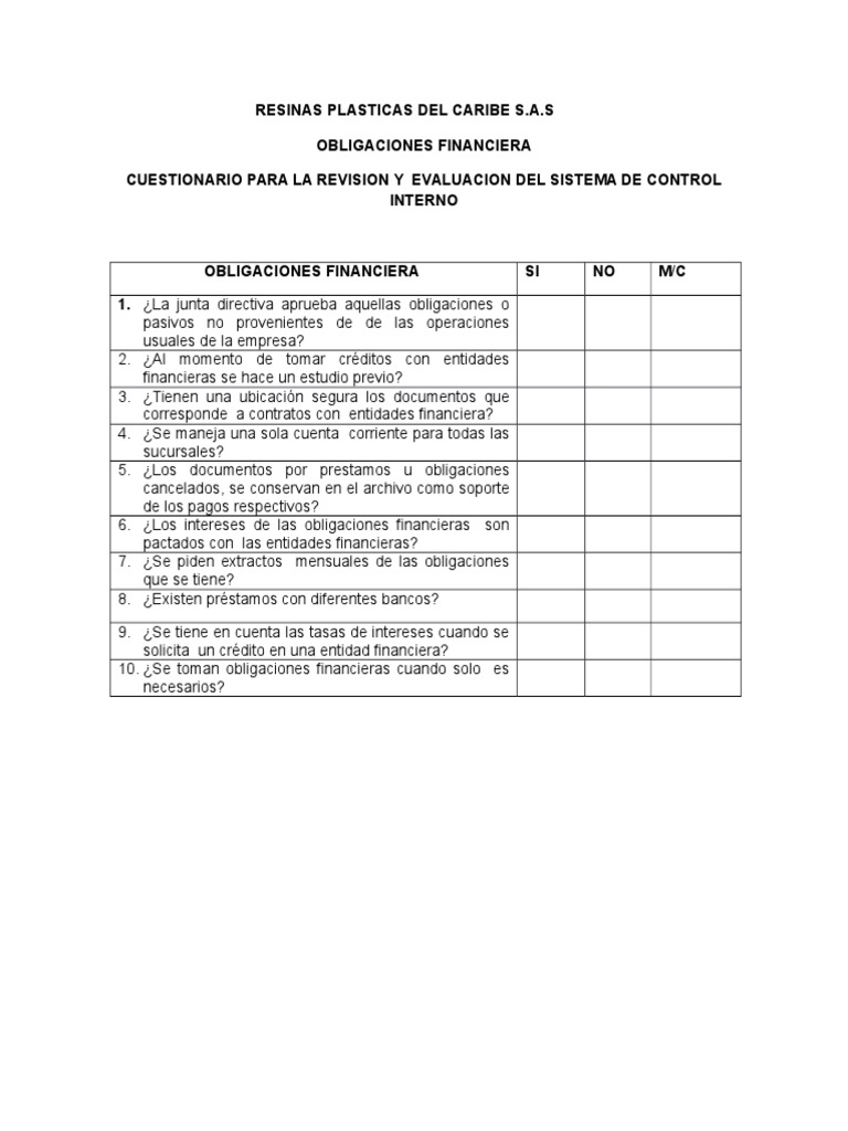 Cuestionario de Control Interno Financiero | PDF
