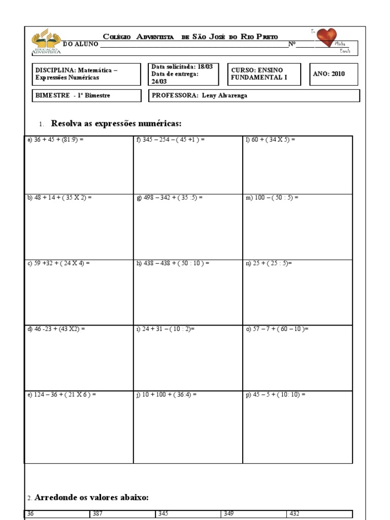 Atividades de Expressões Numericas | PDF | Ensino de Matemática