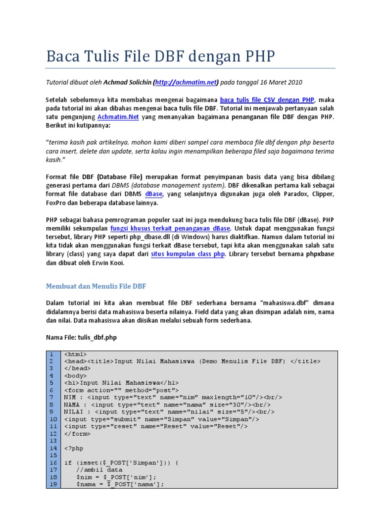Baca Tulis File DBF Dengan PHP | PDF