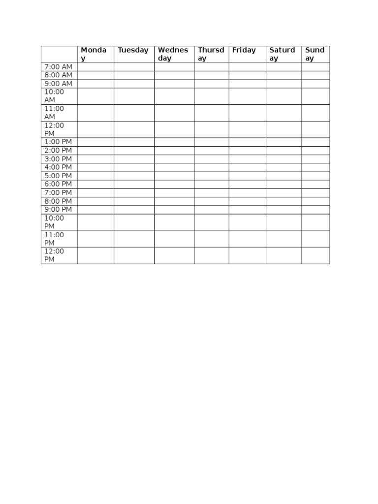 Weekly Hourly Schedule Template | PDF