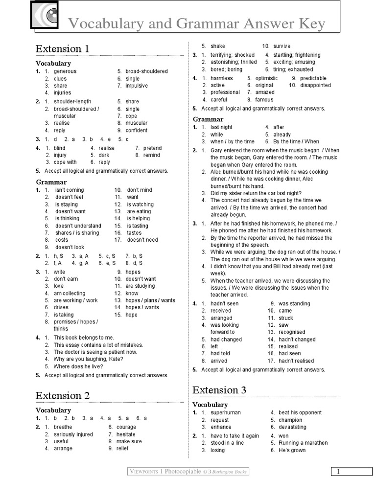 Vocabulary and Grammar Answer Key Extension 1 PDF