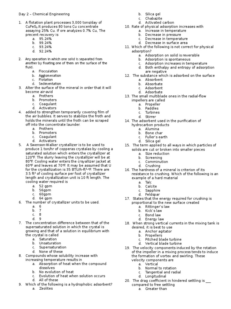 Day 2 Chemical Engineering MCQs | PDF | Adsorption | Carbon