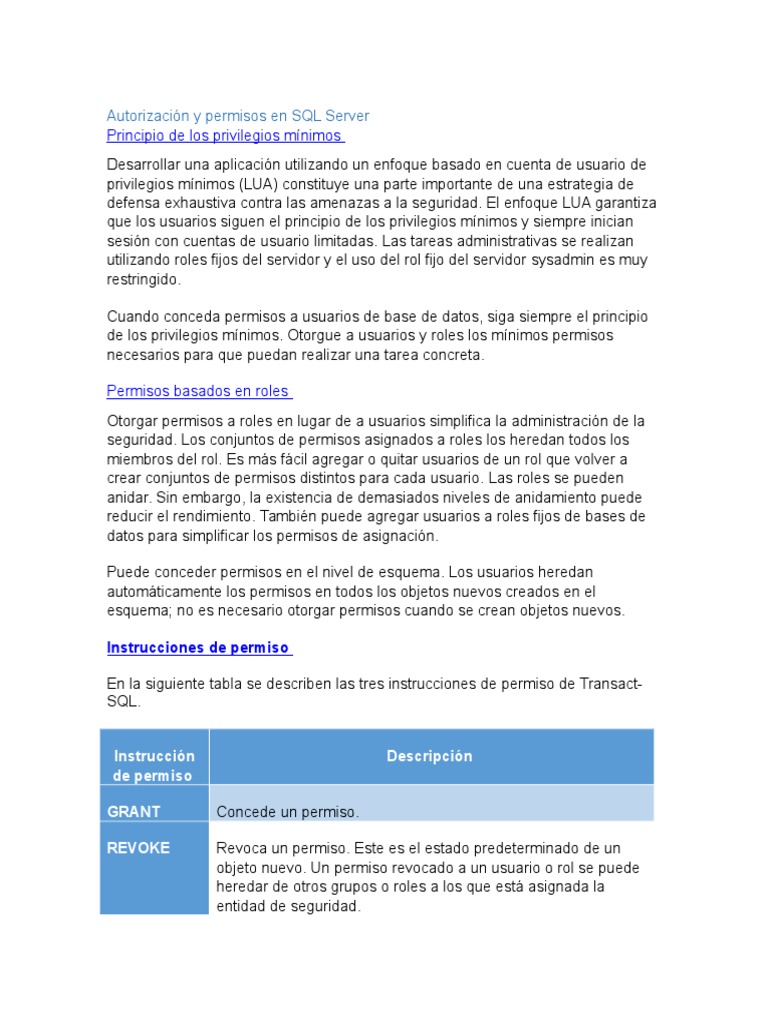 Permisos y Roles en SQL Server | PDF | Servidor SQL de Microsoft | Apoyo