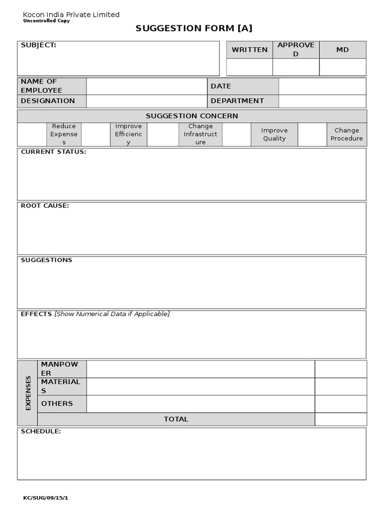 Kocon India Suggestion Form Template | PDF | Finance & Money Management